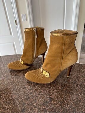 Versace Versus Ladies Camel Suede Bronze booties-7-VINTAGE 90’s
